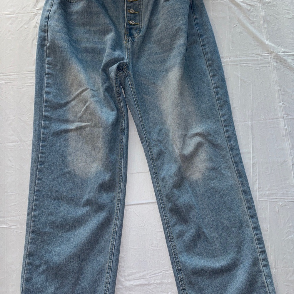 Womens‎ High Rise Wide Leg Jeans Medium Wash Button Fly Raw Hem Denim Pants